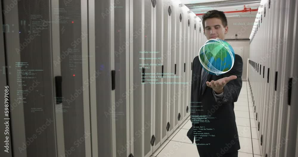 Poster animation of data processing over caucasian businessman with globe in server room