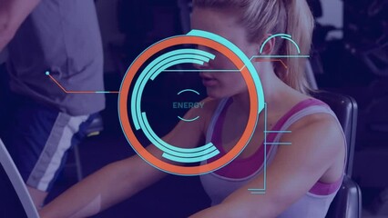 Animation of data processing over caucasian sports people exercising at gym - Powered by Adobe