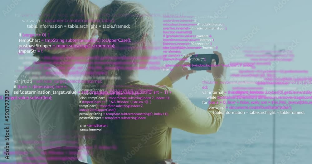 Aufkleber animation of data processing over caucasian couple using smartphone
