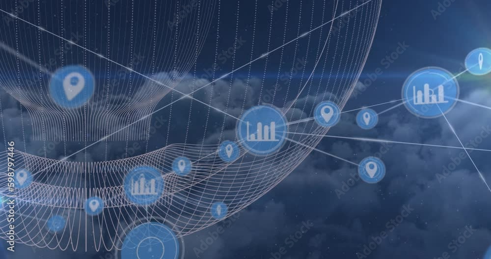 Poster animation of globe of digital icons and abstract shape against clouds in the blue sky