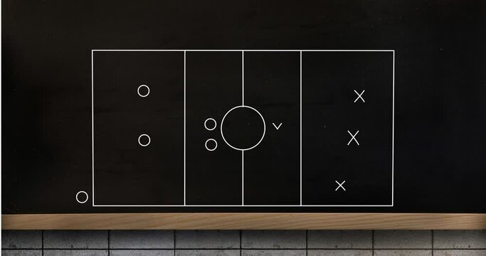 Animation of white sports court with game plan over black board against abstract background