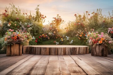 Natural podium product display backdrop with dreamy flower field background generative ai