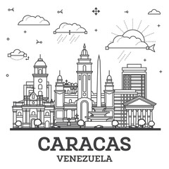 Fototapeta premium Outline Caracas Venezuela City Skyline with Modern and Historic Buildings Isolated on White. Caracas Cityscape with Landmarks.