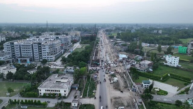Aerial view of road in the city, smooth high resulation video footage, silimpu, bogura, rajshahi, bangladesh