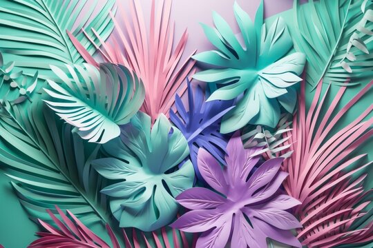 Tropical paper palm leaves frame. Summer tropical leaf. Origami exotic hawaiian jungle, summertime background. Paper cut. Minimal. Pastel art colorful style. © Lukasz