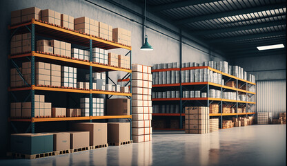 large clean warehouse with shelfs carboard boxes and products. Generative AI