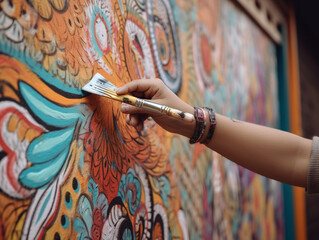 Closeup of a Hand Painting an Intricate Mural | Generative AI