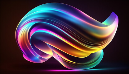 Abstract 3d render iridescent neon holographic twisted wave in motion. Vibrant colorful gradient design element for banner, background. Generative AI