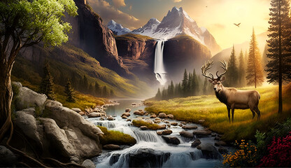 Beautiful Nature Lovely Countryside Sunset and Waterfall on the Mountains Green moss, Forest Trees, Flowers, Birds, Deer  Animal