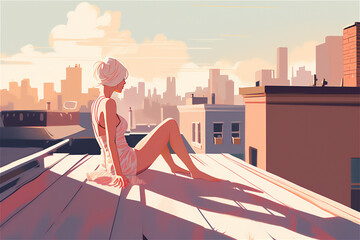 A young girl sunbathing on the roof of a modern city. Generative AI technology.