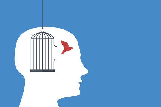 Flying bird and cage. Freedom. Free your mind concept. Emotion of freedom and happiness. Minimalist style.