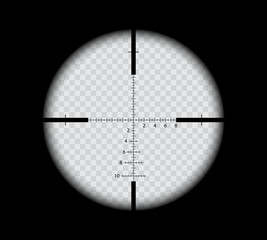 Military sniper scope with crosshair sight view of gun target, vector aim reticle. Sniper scope viewfinder or rifle crosshair target with optical telescope aim finder and distance measure marks