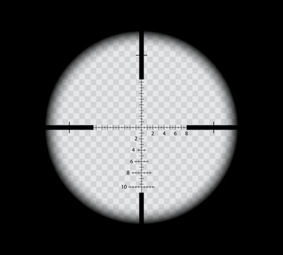 Military sniper scope with crosshair sight view of gun target, vector aim reticle. Sniper scope viewfinder or rifle crosshair target with optical telescope aim finder and distance measure marks