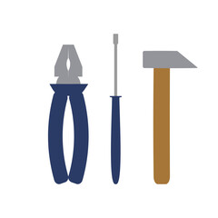 Building tools. Hammer, screwdriver, pliers. Collection of flat clip arts. Cartoon bundle of construction tools. Vector illustration