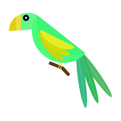 Green parrot sitting on branch isolated on white background. Bright bird clip art. Flat colorful exotic vector illustration