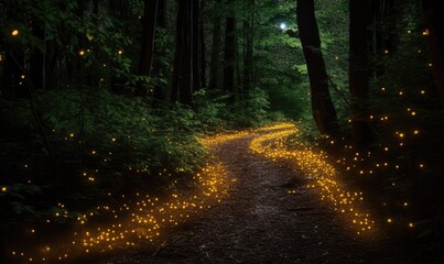 Magical forest path illuminated by glowing fireflies Creating using generative AI tools