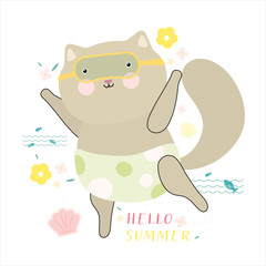 Summer Time Cute Cat. Design for Web, Mobile, Card, Sticker, T-Shirt, Textile Shopper Bag and Other Garment.