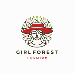 Red Hat Woman Women Girl Forest Tree Leaf Logo Vector Icon illustration