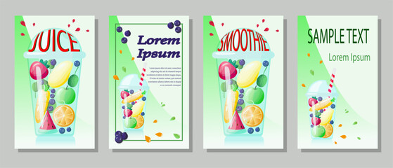 Set of flyers for beach club, farm produce store, organic vegetables and fruit. Vector illustration for poster, banner, advertising, cover of menu.