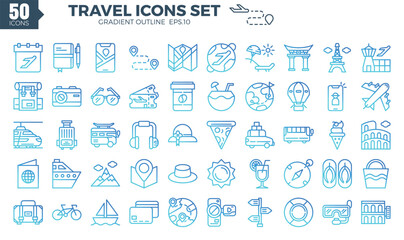 Travel icon set (gradient outline). The collection includes web design, application design, UI design,