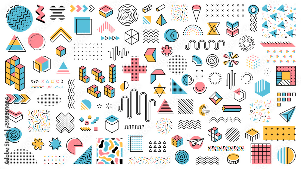Aufkleber Memphis geometric shapes, abstract modern minimal line elements and vector symbols. Memphis pattern geometric shapes of circle, triangle and color dots, vintage retro art forms and figures for pattern