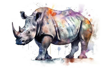 Watercolor painting of a rhinoceros on a white background. Wildlife Animals. Illustration, generative AI.