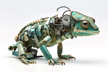 Image of a chameleon modified into a electronics robot on a white background. Reptile. Animal. illustration, generative AI. - obrazy, fototapety, plakaty