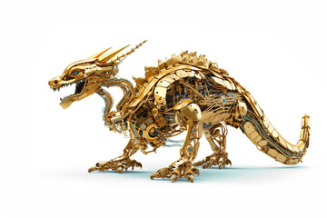 Image of a golden dragon modified into a electronics robot on a white background. Reptile. Animal. illustration, generative AI.