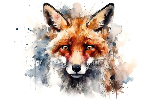Watercolor painting of a fox on a white background. Wildlife Animals. Illustration, generative AI.