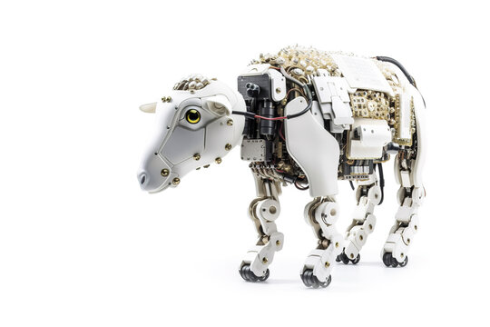 Image of a sheep modified into a robot on a white background. Wild animal. Illustration, Generative AI.