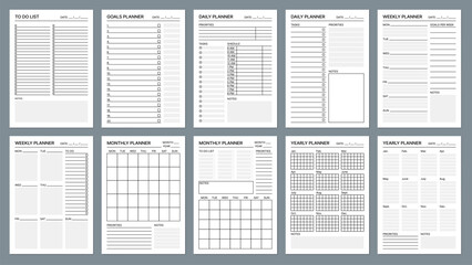 Planner page templates. Business week organizer checklist, office work printable vector agenda, school or college education daily goal planners templates. Task organization, calendar blank sheets set