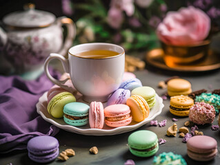 Obraz na płótnie Canvas Macarons with Cup of tea. Ai generated