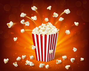 Flying popcorn kernels and striped box container. Cinema sweet meal, party fluffy dessert or takeaway sweetcorn vector background. Fast food salty snack realistic background with hot popcorn bucket - obrazy, fototapety, plakaty