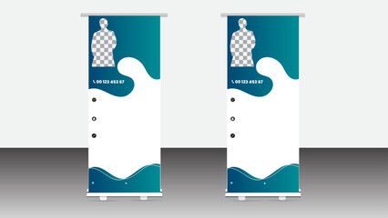 health care and medical roll up design, standee and banner template decoration for exhibition, printing, presentation and brochure flyer concept vector illustration 