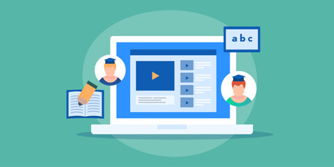 People attends online classes, learning with online video tutorial, webinar education, book and laptop concept, vector illustration web banner.