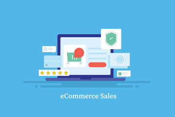 Ecommerce shopping cart item on laptop screen, purchasing from online web store, secure digital payment transaction vector illustration with blue background.