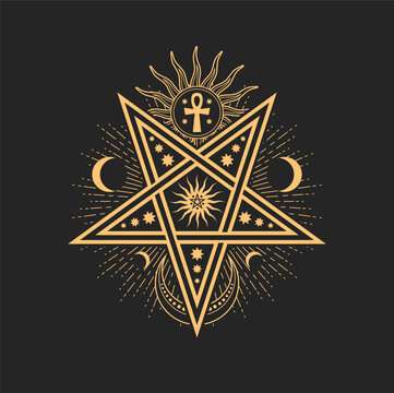 Esoteric occult vector sign with pentagram star, crescent, Sun and ankh cross. Astrological amulet, isolated tarot card symbol, spiritual magic talisman or mason emblem