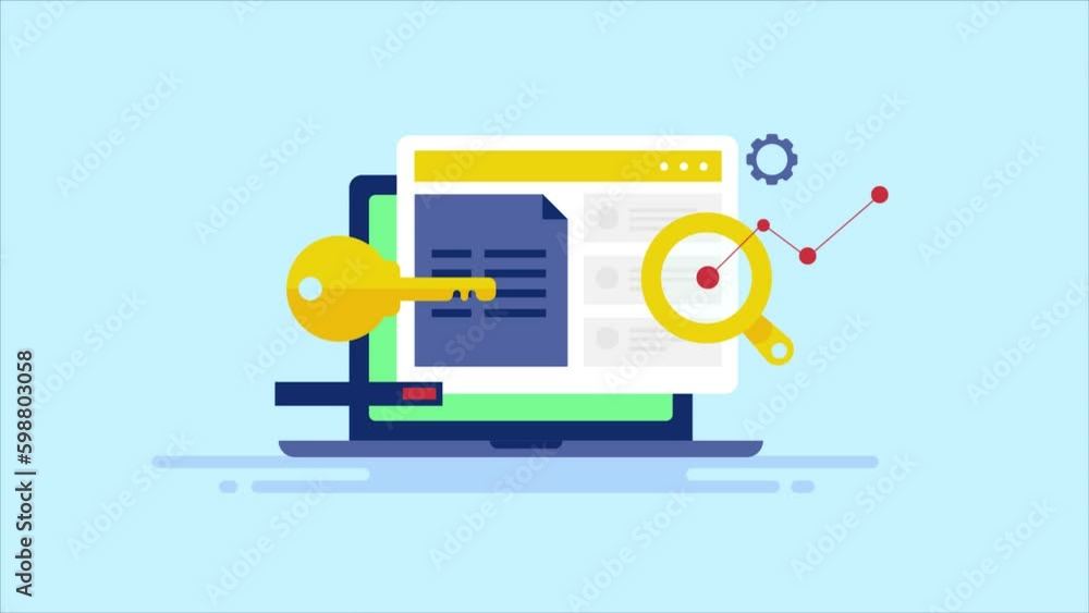 Poster seo keyword competition analysis and ranking monitoring. laptop with website keyword list data conce