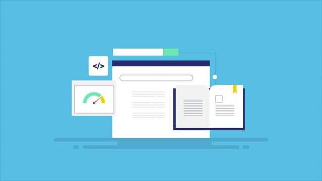 SEO blog, digital marketing course. learn SEO tutorial, understanding search engine optimization, meta data, coding, site speed conceptual video animation.