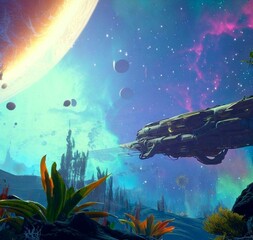 Diseños de arte digital inspirados en el videojuego Starfield. Los astronautas descubren y exploran nuevos planetas a bordo de sus naves espaciales. © Gofio81