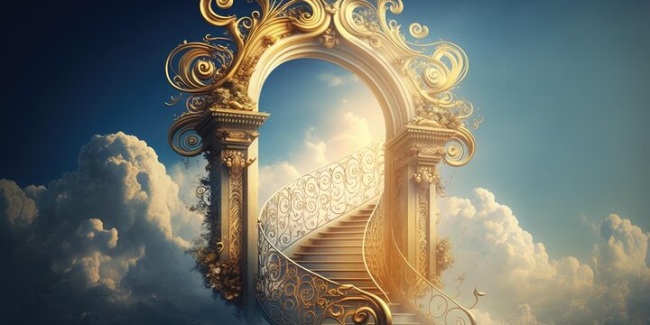 Majestic afterlife heaven gate decorated with ornate gold design. superlative generative AI image. Generative AI