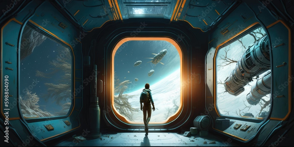 Poster futuristic interior of spaceship inside of hallway. superlative generative ai image. generative ai
