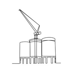 Ash Silo with tower crane at industrial power plant in continuous line art drawing style. design with Minimalist black linear design isolated on white background. Vector illustration © RM Design