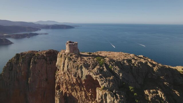 Aerial shot of the Genoese tower at Capo Rosso (Capu Rossu) in Corsica with a 4K drone