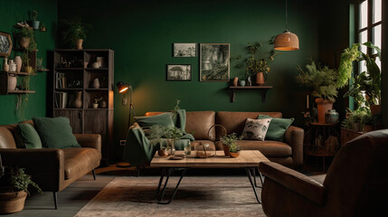 Fototapeta na wymiar Elegant and modern living room design decorated in green tones
