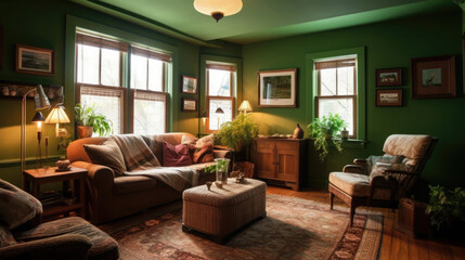 Fototapeta premium Elegant and modern living room design decorated in green tones