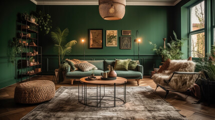 Elegant and modern living room design decorated in green tones