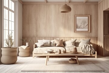 Modern living room design decorated in minimalist beige tones