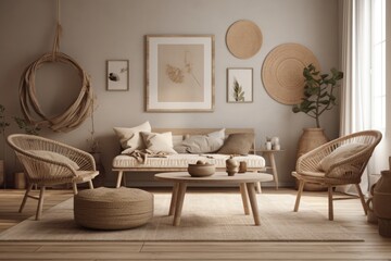 Fototapeta na wymiar Modern living room design decorated in minimalist beige tones