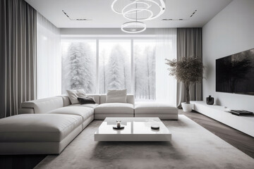 Modern living room design decorated in minimalist white tones